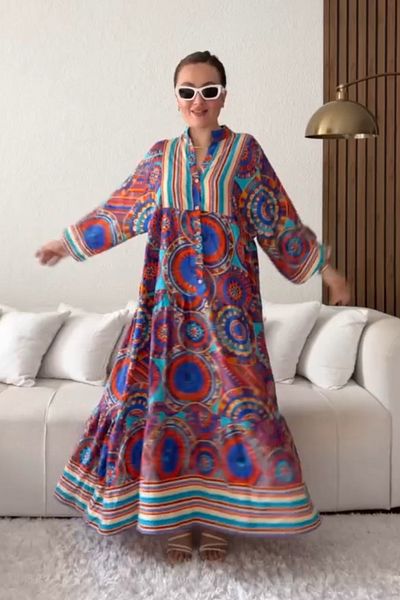 AYASOFYA OTANTIK Blue Orange Placket Collar Ethnic Patterned Balloon Sleeve Long Women's Dress