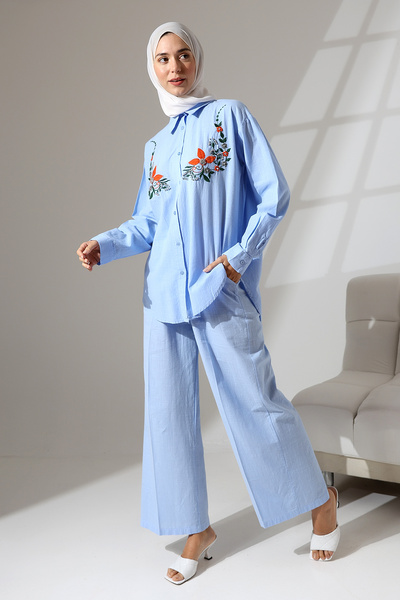 Mihran Butik 100% Cotton Linen - Comfortable Casual Set, Flower Patterned Embroidery and Stone Detailed Shirt and Trousers