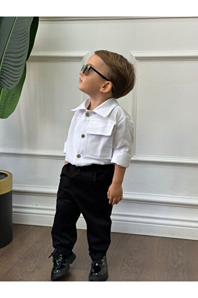 bohemiankids baby wear White Linen Shirt Cotton Black Classic Pants Suit 123