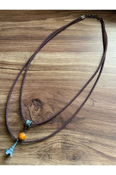 azra takı tasarım Suede Chooker Eiffel Tower Figured Agate Stone Hippie Sports Necklace - Short Women