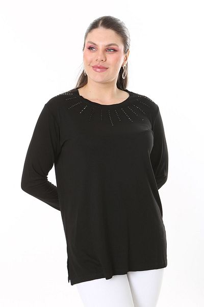 Şans Women's Large Size Black Stone and Back Robe Lace Detailed Long Sleeve Blouse 65N37694