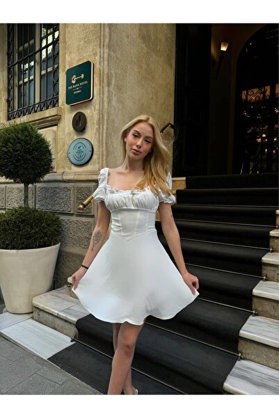 Touz Moda Λευκό Εισαγόμενο Ύφασμα Ayrobin - Φόρεμα με ντραπέ στην πλάτη