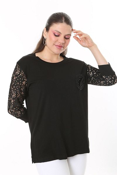 Şans Women's Plus Size Black Chest Applique Embroidered Sleeves Lace Blouse 65N37690