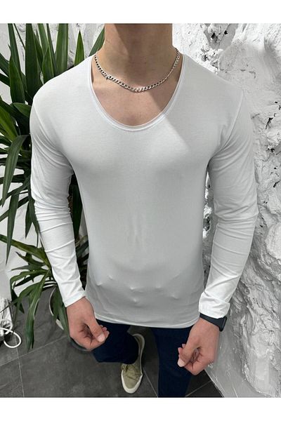 BYBÜLENT Tricou bărbătesc cu mânecă lungă cu guler oval și cu guler deschis Tricou slim cu lycra alb