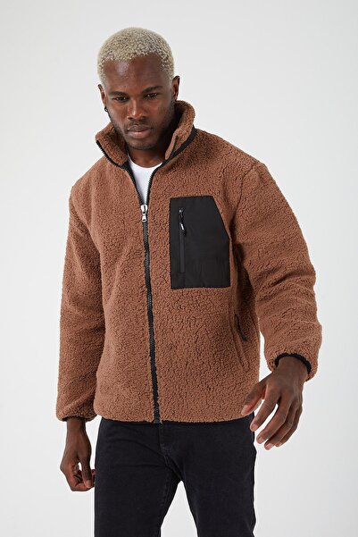 UNIQROY Erkek Peluş Mont Cepli Astarlı Normal Kesim Taba