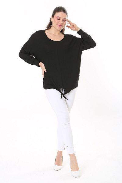 Şans Women's Plus Size Black Front Tie Long Sleeve Blouse 65N37695