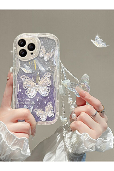 EDELFU سوار معصم لامع مطبوع عليه فراشة لامعة متوافق مع هاتف iPhone 15 Pro، جراب مضاد للخدش ومضاد للصدمات