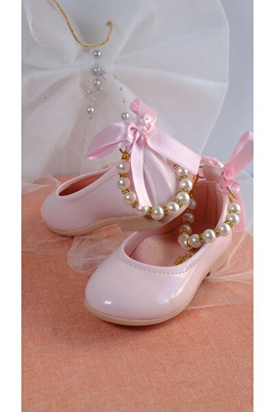 Pabrik Balerini pentru fetiță, roz strălucitor, cu perle la gleznă