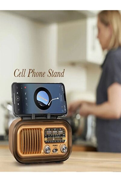 BAYINDIRELEKTRONİK Nostaljik Görünümlü Solar Panelden Şarj Olabilen Telefon Standlı FM Radyo Bluetooth Hoparlör