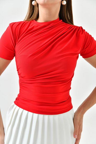 lovebox Γυναικείο Stretch Fabric Gather Σχέδιο Κοντό μανίκι Basic Κόκκινη Μπλούζα 12244