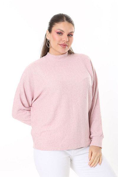 Şans Women's Plus Size Pink Wool Viscose Fabric Bat Sleeve Blouse 65N37703