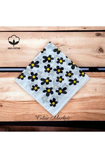 Fular Marketi 4 in White Daisy Patterned 100% Cotton Bandana - 3 in Basket
