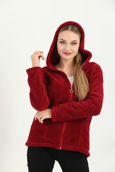 Kardelen Butik Ümraniye Welsoft Zippered Hoodie Short Fleece Claret Red