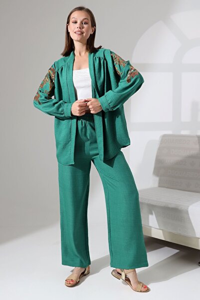 Miss Allos Linen Kimono Jacket and Trousers Set - Sequin Embroidered on the Back and Sleeves
