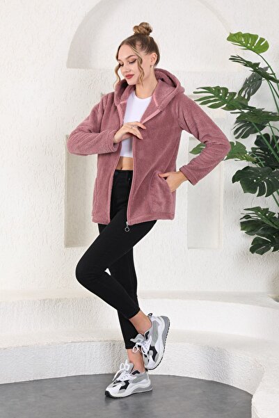 Kardelen Butik Ümraniye Welsoft Zippered Hooded Short Fleece Cardigan Dusty Rose
