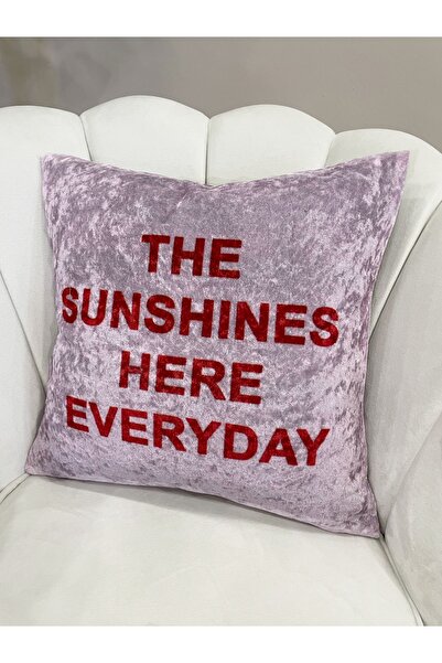 Brillant %100 Kadife Yazı Desenli Kırlent Yastık Kılıfı ( Pembe)