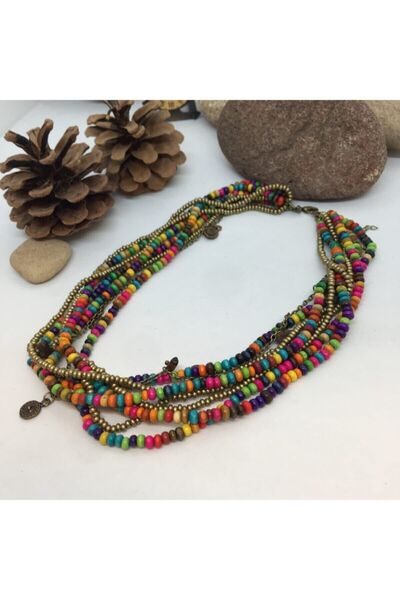 Porsuk Alternatif El Yapımı Etnik Otantık Bohem Hippi Ahşap Boncuk Kolye