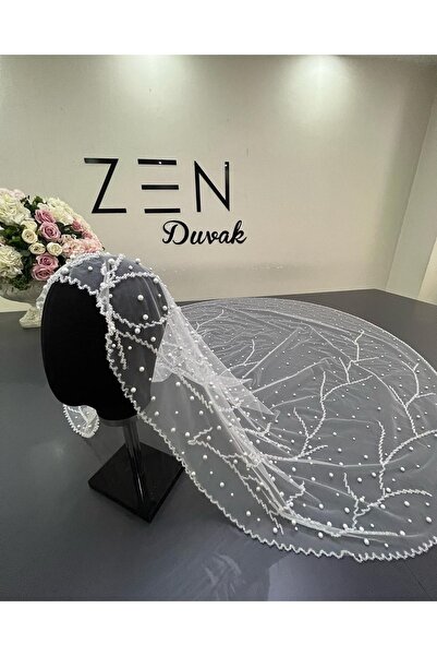 ZEN DUVAK Kırık Beyaz Nakışlı Duvak Gelin Duvağı Kasnak Duvak Kristal