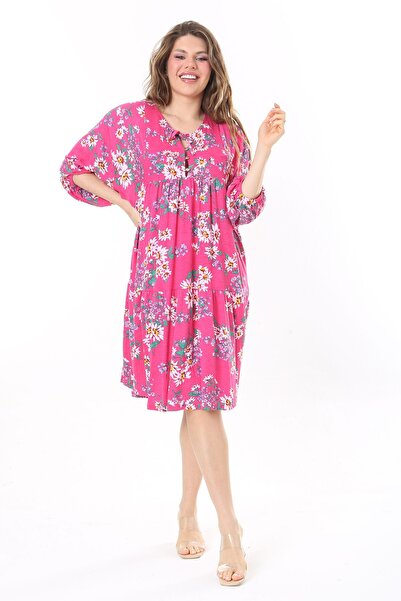 Şans Colorful Plus Size Bat Sleeve Chest Shirred Dress - Front Placket with Buttons 65N37959