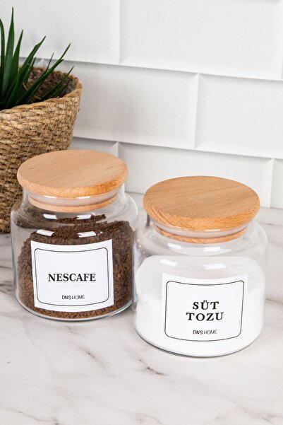 DNS HOME 2-Piece Wooden Vacuum Lid Glass Storage Container with Nescafe and Milk Powder Label Glass Jar 500 ml