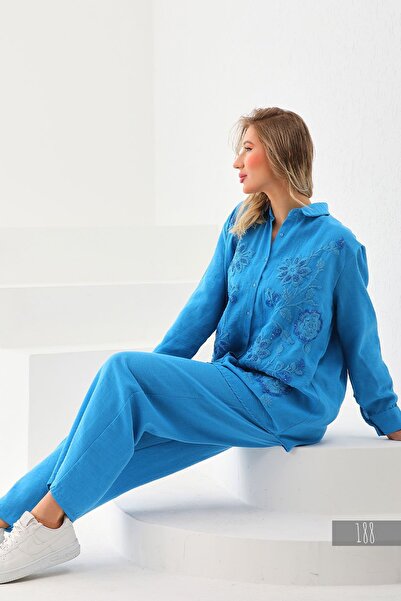 Miss Allos Linen Women's Shirt and Trousers Set - Sequin Embroidered