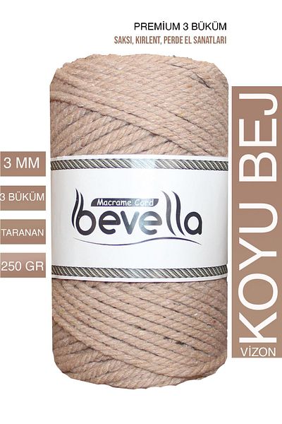 Bevella Macrame Cord Κονιάκ Μπεζ Premium 3 Τεμάχια Στριφτό Κλωστή Μακραμέ - 3 Mm 250 Gr