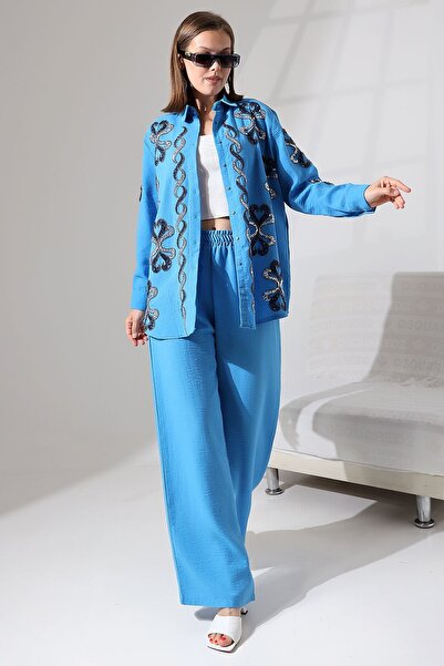 Miss Allos Linen Women's Shirt and Trousers Set - Sequin Embroidered