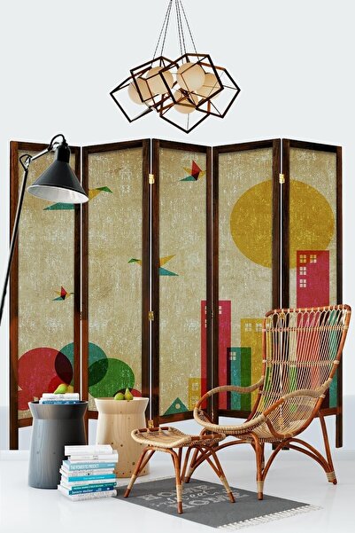 Modacanvas 5 Kanat Masif Ahşap Kumaş Paravan