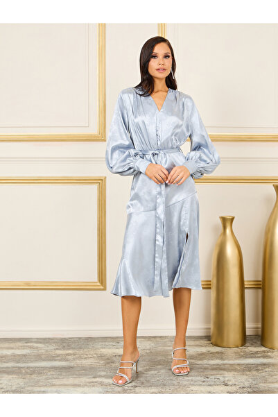 Styli Satin Jacquard Print Self Tie Up A-Line Midi Dress