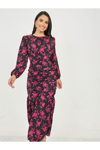 Styli Floral Print Side Ruched Detail Mermaid Maxi Dress