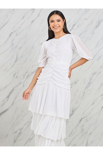 Styli Ruched Detail Buckle Belted Layer Tiered Maxi Dress
