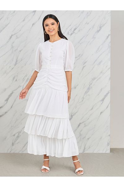 Styli Ruched Detail Buckle Belted Layer Tiered Maxi Dress