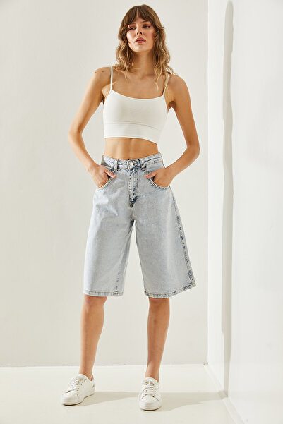 Bianco Lucci Pantaloni scurți de damă cu tăietură largi - spălat cu zăpadă, cu detaliu curea din spate, largi 60251174