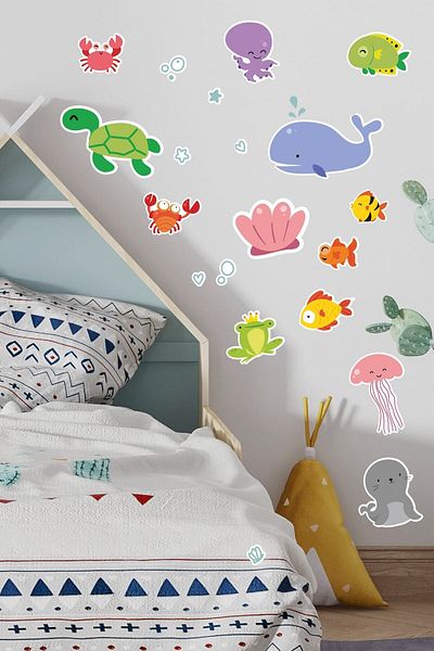 212shop Cute Sea Creatures Decorative Kids Room Wall Shower Cabin Decoration Sticker Set