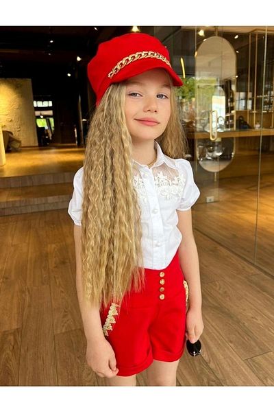 Calisa بدلة للفتيات مكونة من قميص أبيض وشورت أحمر وقبعات للعيد