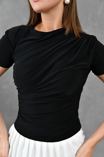 bayansepeti Μαύρο Stretch Fabric Gather Detail Κοντό μανίκι Basic Μπλούζα 12244
