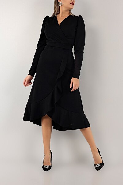 Varyete Kruvaze Yaka Krep Kumaş Midi Boy Kuşaklı Abiye Elbise Düğün Nişan Söz Mezuniyet