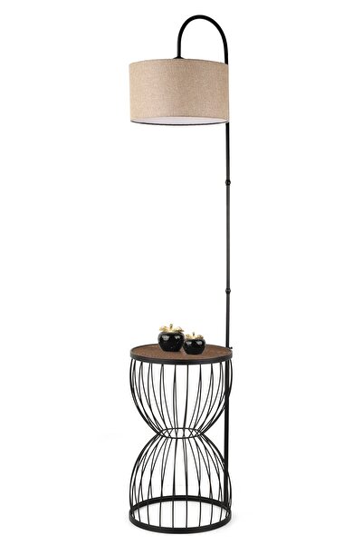 Begüsa Venezia Sehpa Lambader Siyah Ceviz Ahşap Hasır Şapka