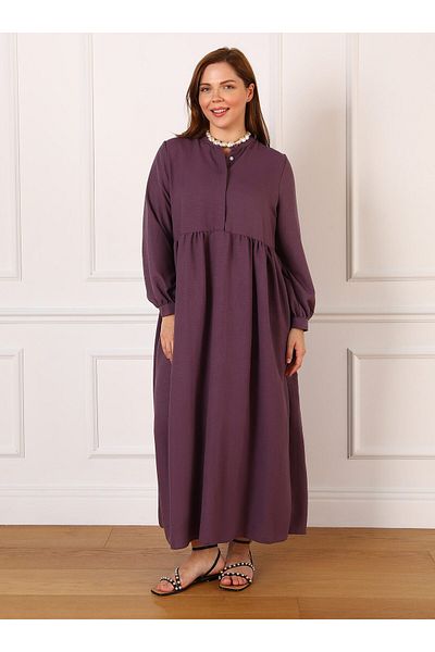 ALİA Dark Purple Plus Size Hijab Dress - Hidden Button Detail - Alia