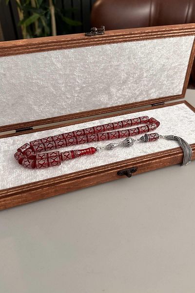 dergah tesbih Silver Embroidered Red Line Series Amber