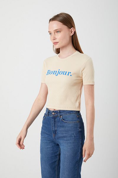Mixray Γυναικείο T-Shirt από βαμβακερό Crop Bonjour Printed 1086