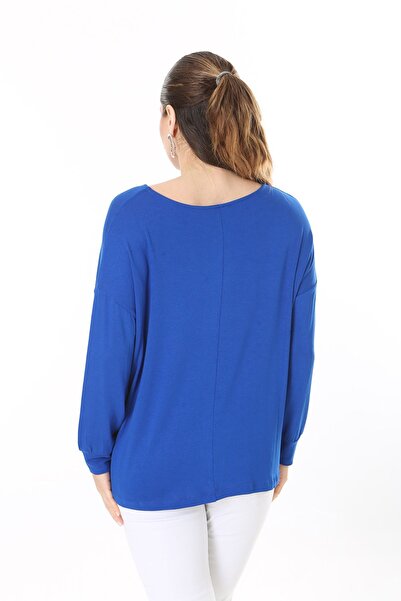 Şans Women's Plus Size Saxe Front Tie Long Sleeve Blouse 65N37695