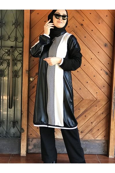 AYSUN AYDEMİR Black and White Leather Detailed Zipper Closure 2-Piece Tracksuit Set