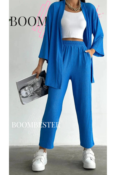 BoomBester Kadın Bürümcük Kumaş Rahat Kesim İkili Kimono Pantolon Takım
