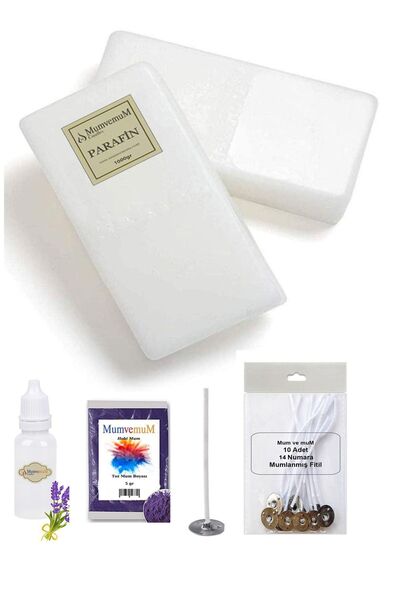 MumvemuM Mum Yapma Seti 1 Kg Parafin Stearik Asit Içinde Mor Boya Lavanta Esansı 10 Adet Mumlanmış Fitil