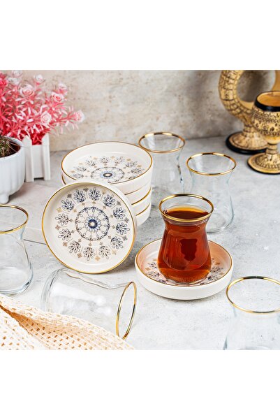 AYBABA STORE Çay Bardağı Seti Mırra Kahve Takımı Yaldızlı Damla Desenli 6 Kişilik 18 Parça