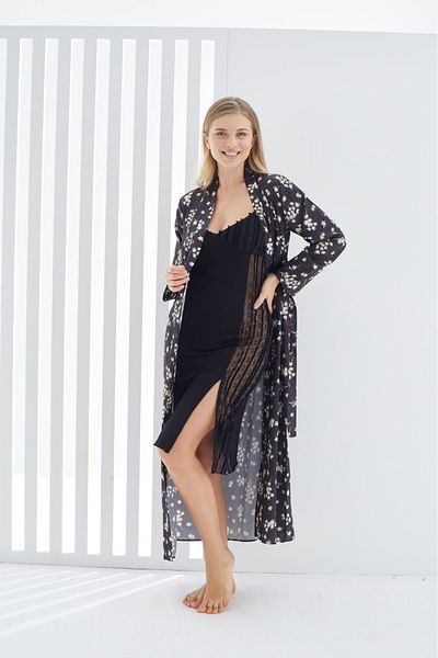 ERDENİZ TEKSTİL 2-Piece Floral Patterned Set with Nightgown and Dressing Gowns - 75% Cotton, 25% Viscose