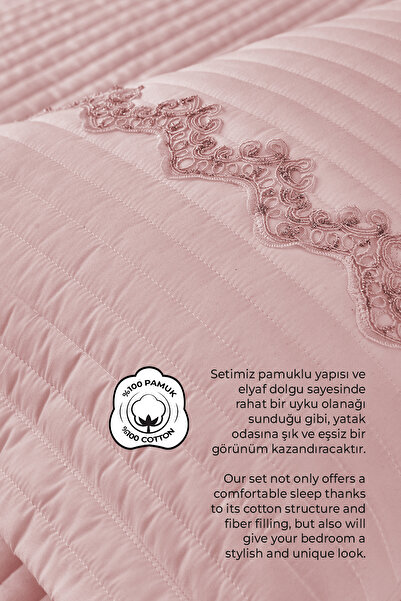 Evlen Home Collection Mihrimah Dantelli Çift Kişilik Kapitone Yatak Örtüsü Battal %100 Pamuk Pike Seti Elyaf Dolgulu Pudra