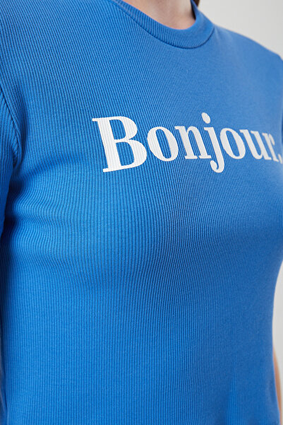 Mixray Tricou crop din bumbac pentru femei 1086 cu imprimeu Bonjour