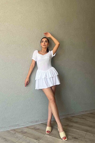 Seda Yalçın Atelier Beyaz Dantel Detaylı Vintage Mini Elbise